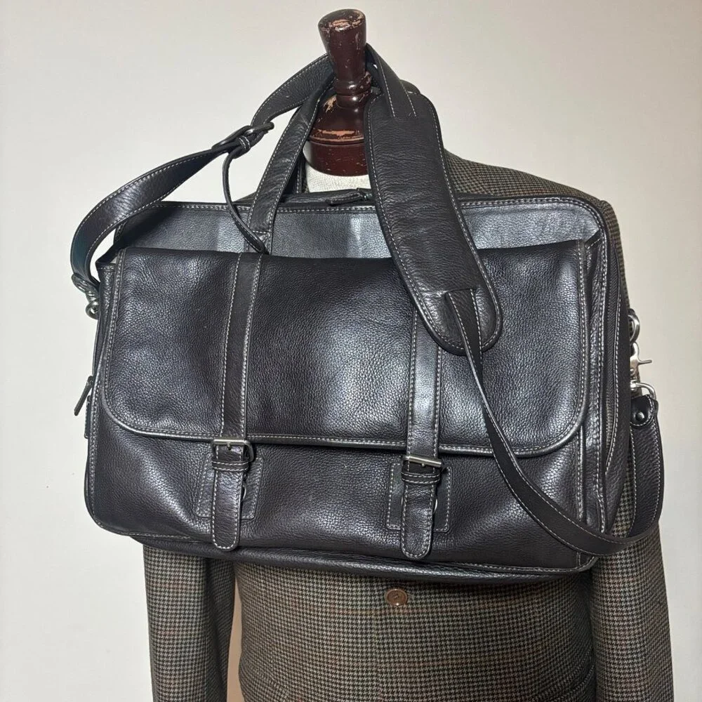 Levenger Fine Leather Briefcase Brown Pebbled Leather Solid Laptop Bag Messenger